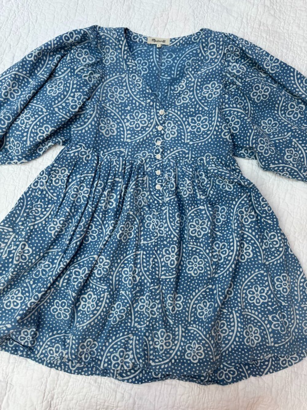 Madewell Bubble-Sleeve Button-Front Mini Dress in Indigo Paisley Size Medium